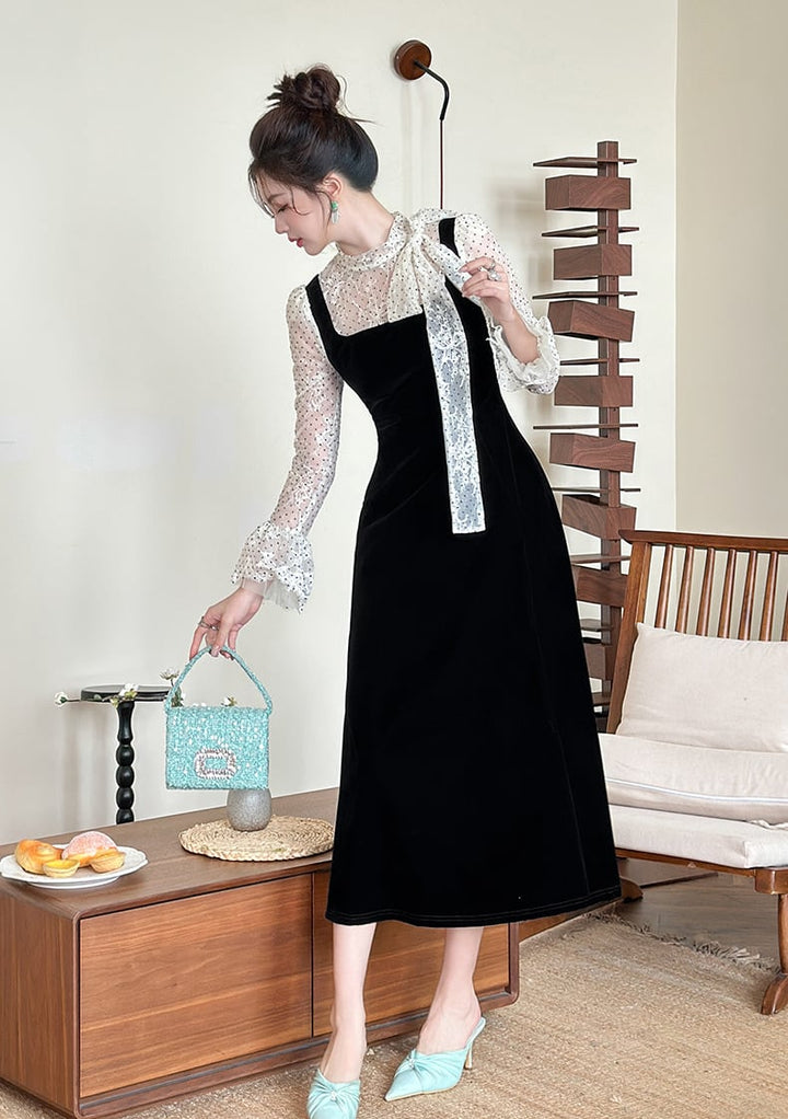 【dress】ドット柄チュールドッキングベルベットワンピース Q7365