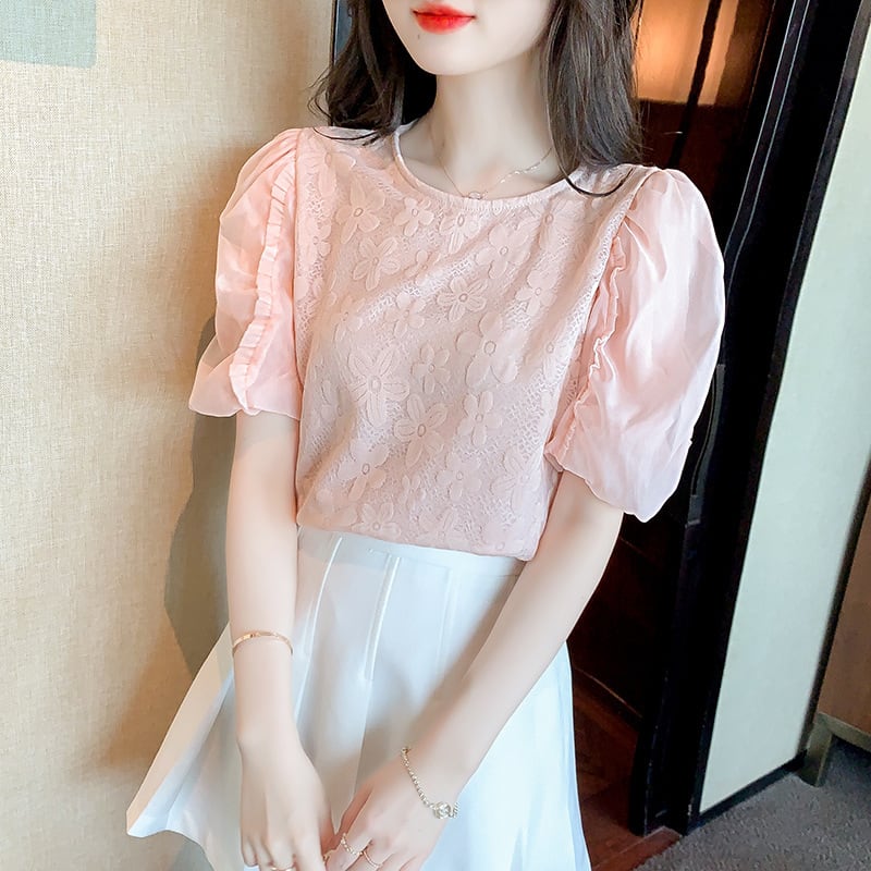 【tops】パフスリーブジャカードカットワークトップス　M17126