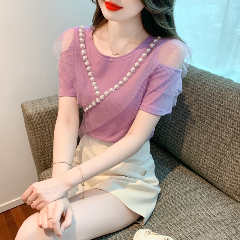 【tops】好感度UP 切り替えオフショルダーTシャツトップス　M16841