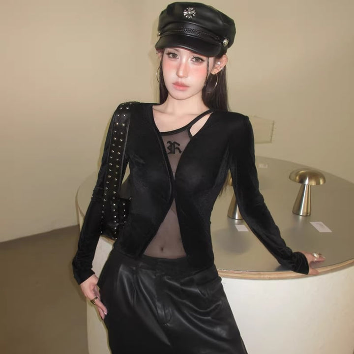 【tops】フェイクレイヤードチュールドッキングベルベットトップス Q8024