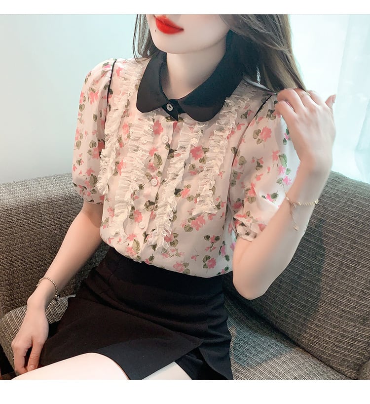【tops】美人度アップスウィート折り襟花柄シャツトップス　M16883