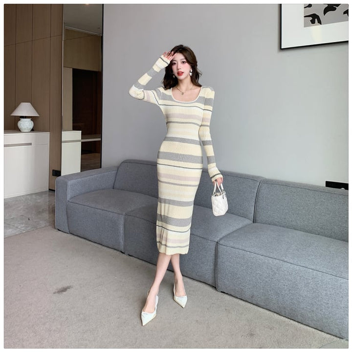 【dress】目立つ！ボーダー柄ニットワンピースオシャレ　M17464