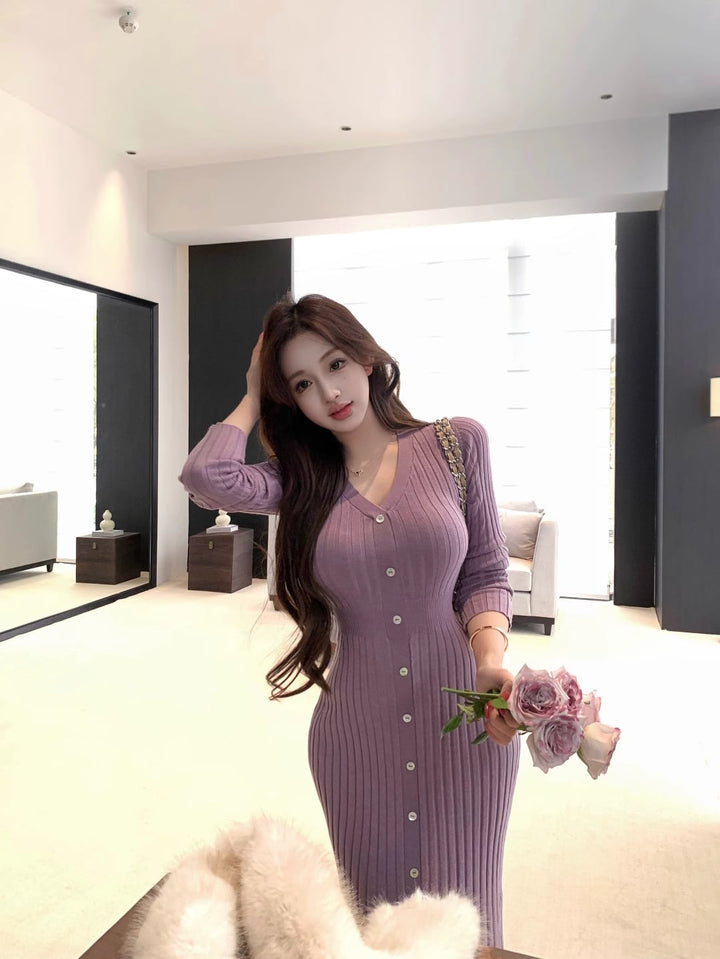【dress】Vネックニットワンピース Q7651