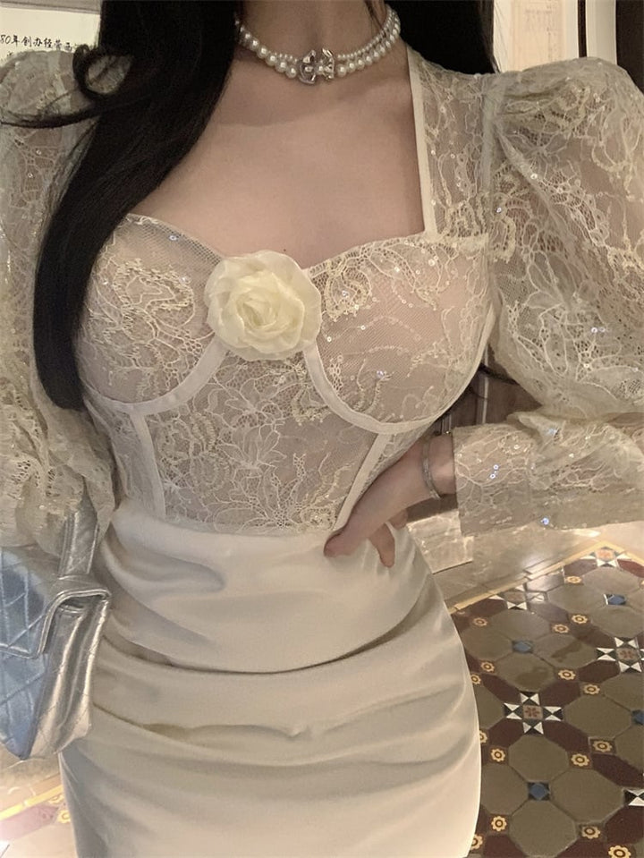 【dress】レース切り替えワンピース　M26394