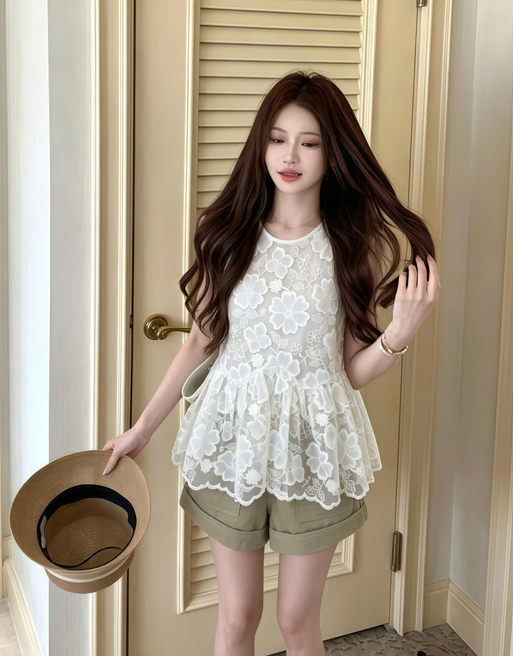 【tops】フラワー柄レーストップス Q8767